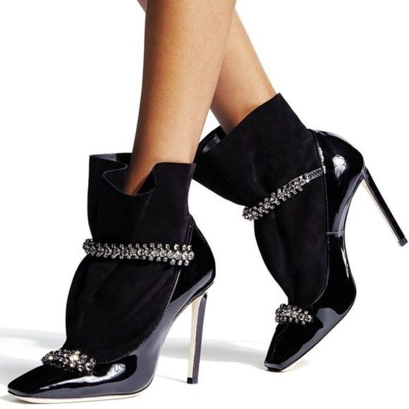 JIMMY CHOO Maruxa 100 suede-paneled embellished patent-leather ankle boots - Picture 2 of 7